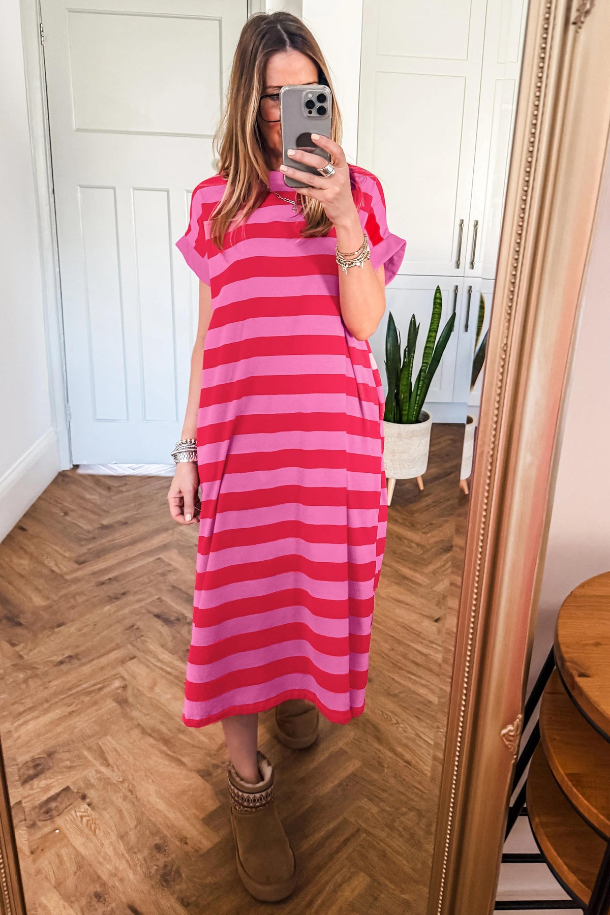 Orange Stripe Cuffed Short Sleeve Pocketed Casual T-Shirt Long Dress