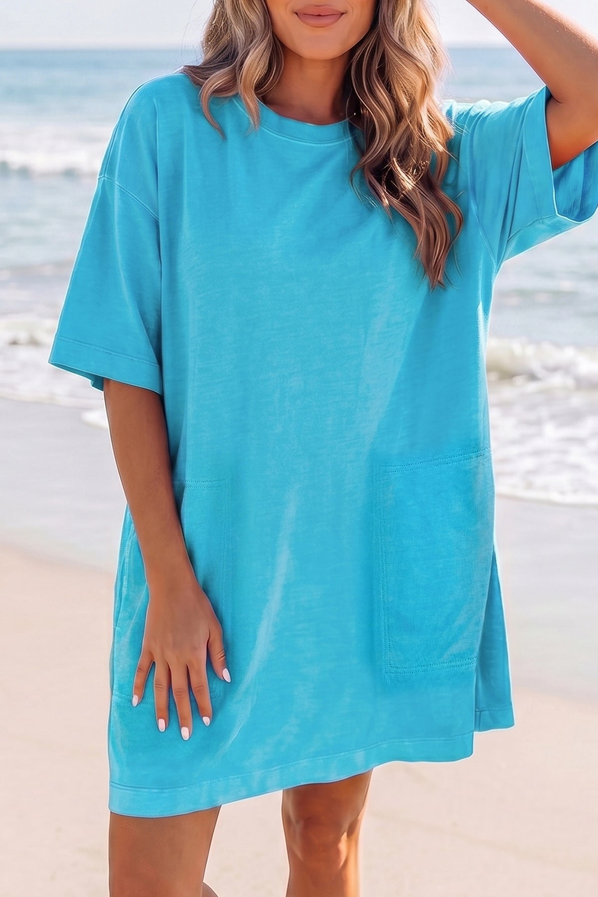 Light Blue Drop Shoulder Loose Casual T-Shirt Mini Dress