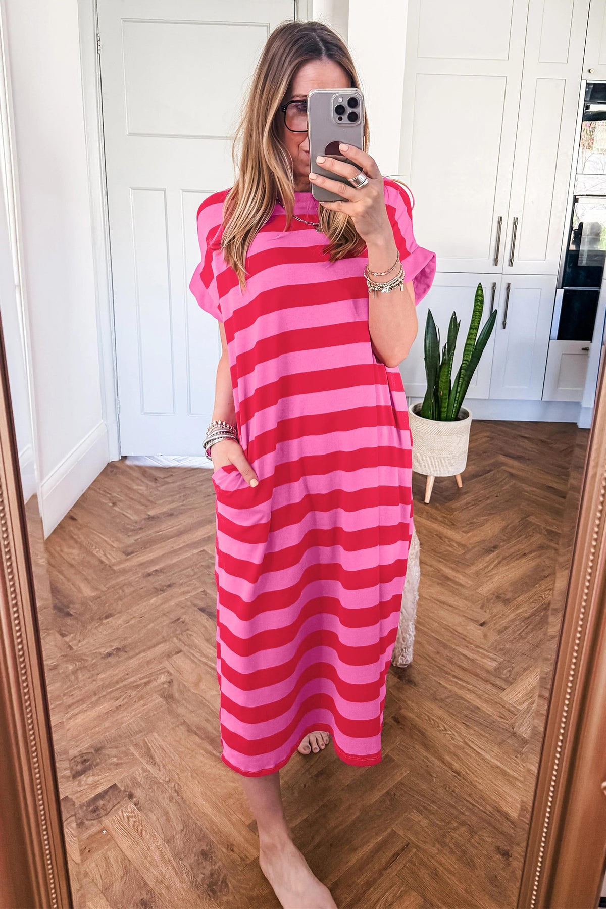 Orange Stripe Cuffed Short Sleeve Pocketed Casual T-Shirt Long Dress