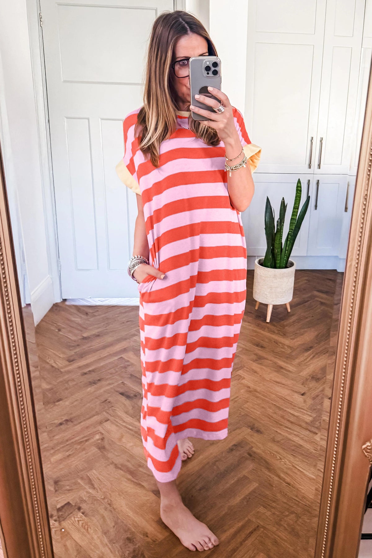 Orange Stripe Cuffed Short Sleeve Pocketed Casual T-Shirt Long Dress