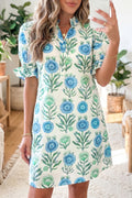 Robe bleu ciel imprimé floral à demi-boutons et manches courtes volantées