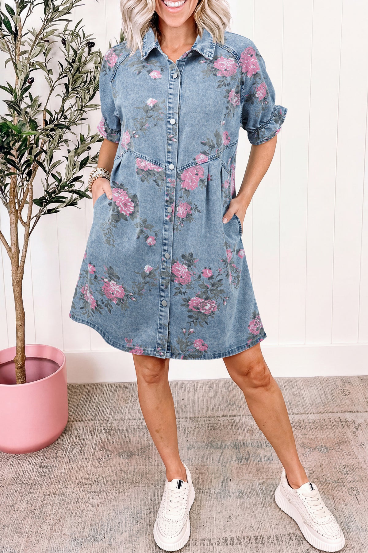 Sky Blue Floral Print Denim Short Sleeve Button Down Dress