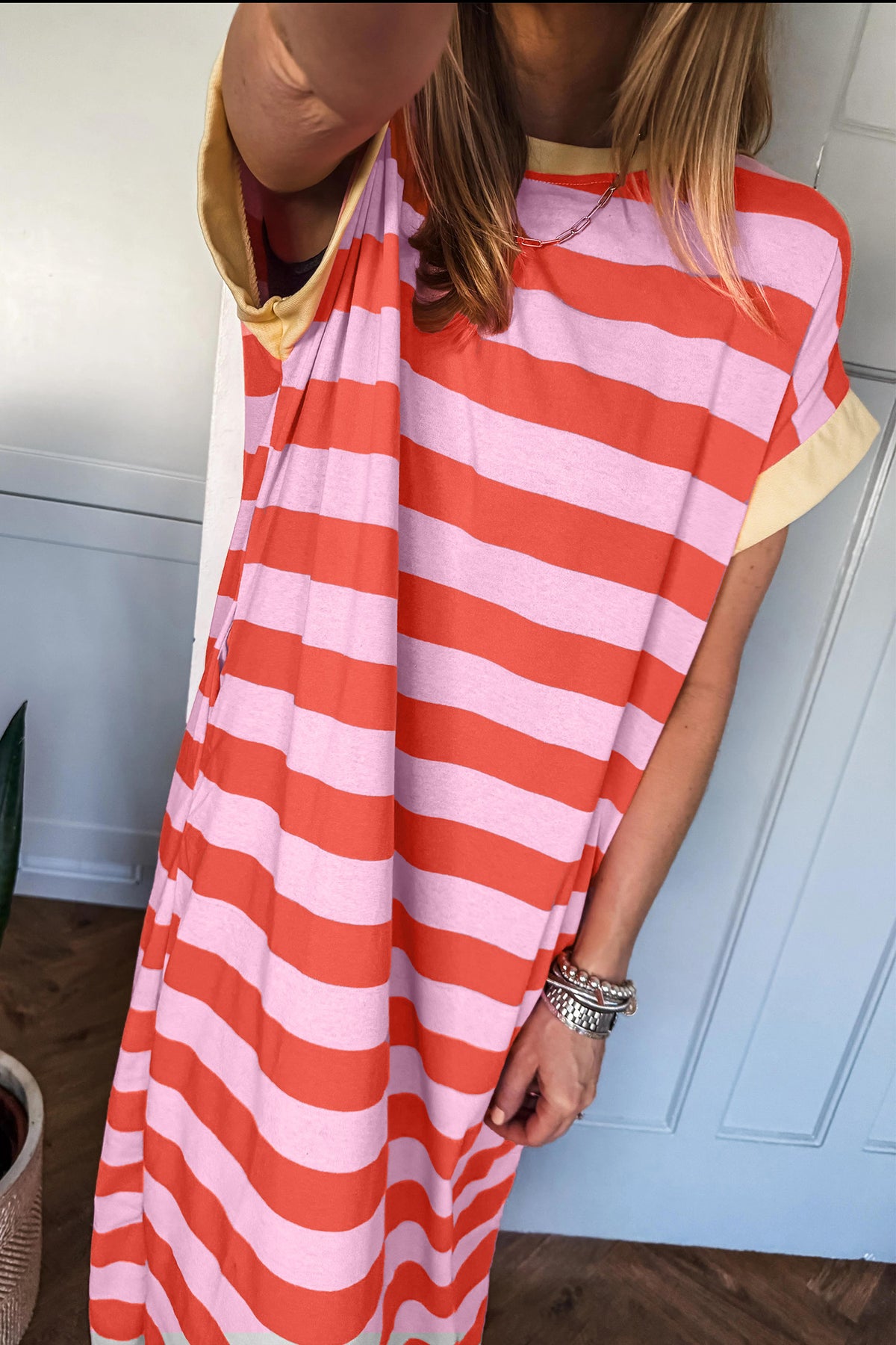 Orange Stripe Cuffed Short Sleeve Pocketed Casual T-Shirt Long Dress