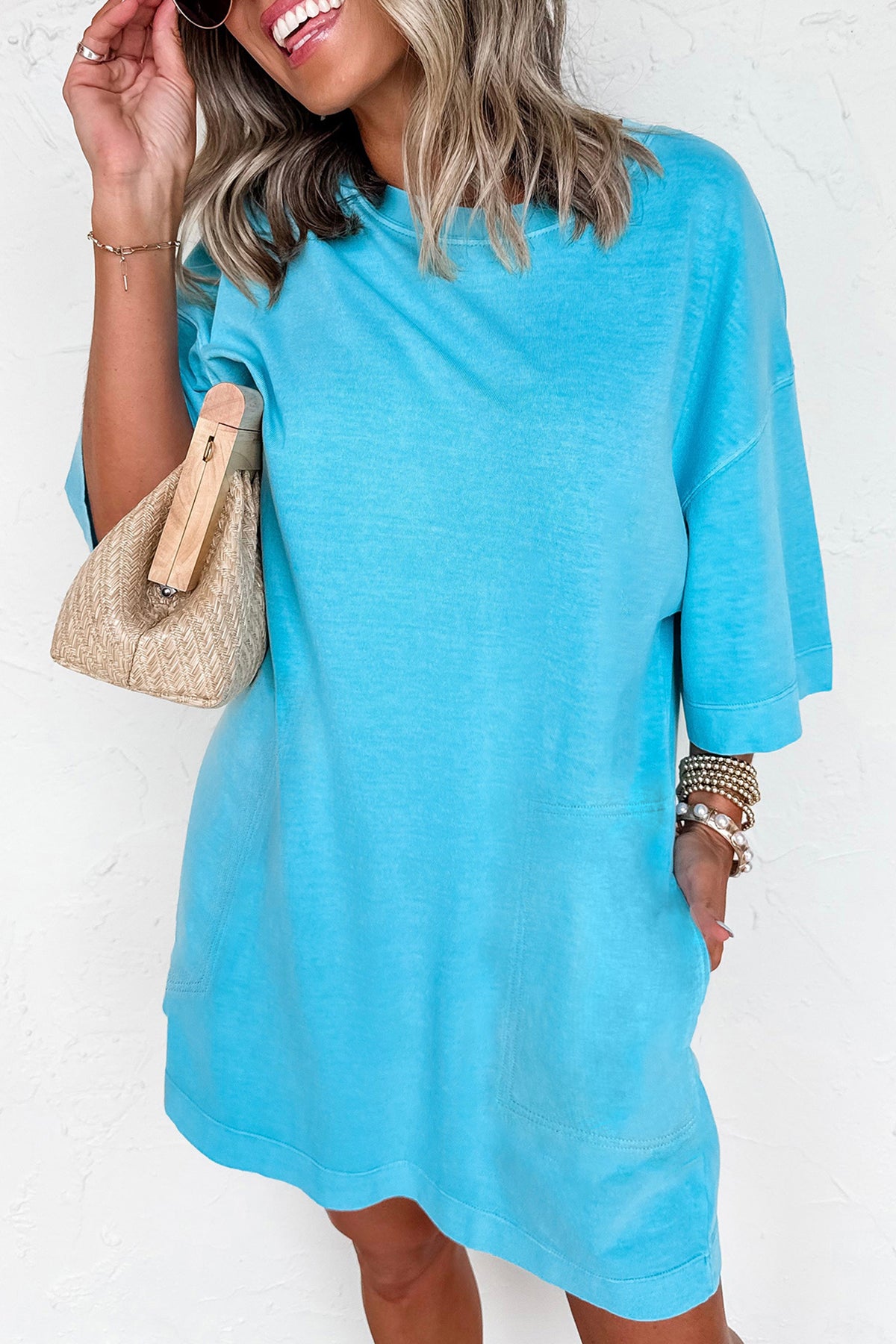 Light Blue Drop Shoulder Loose Casual T-Shirt Mini Dress